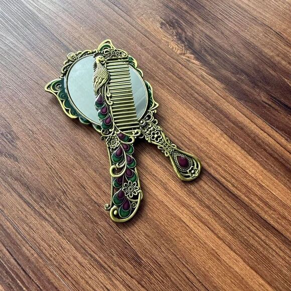 Vintage Peacock Comb & Butterfly Mirror Vanity Set | Deep Gold Green Purple